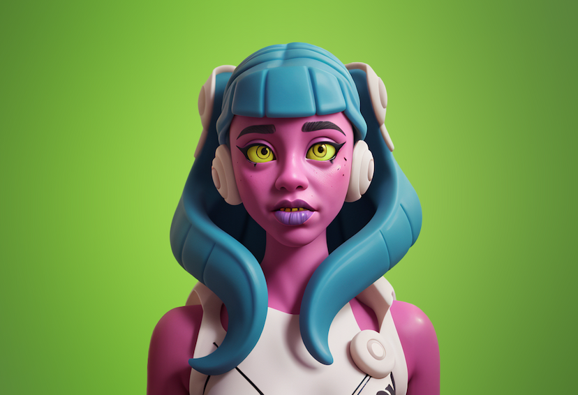 Stylized female character with bright yellow eyes, blue hair styled in large waves, and a pink complexion. She wears a white outfit with large round headphones, set against a green background