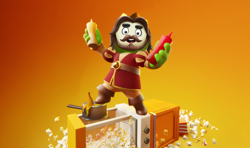 A cartoon-style character standing on a microwave, holding a bottle of mustard in one hand and a bottle of ketchup in the other. The character has green hands, a mustache, and wears a red outfit with a belt. Popcorn is scattered around, and the background is a bright orange gradient.