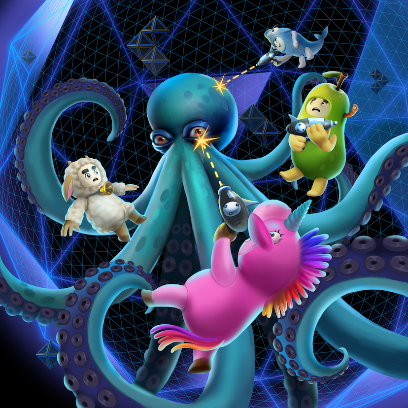 An action-packed scene with cute, costumed characters battling a large octopus in a digital, space-like environment. The characters are in various animal costumes and are shooting laser guns at the octopus, which has menacing red eyes and numerous tentacles.