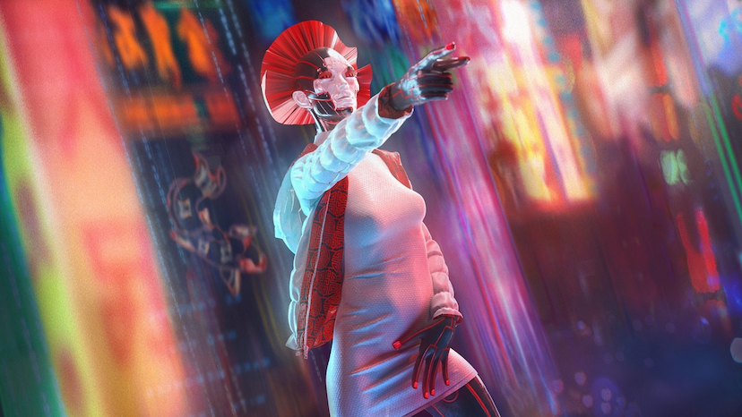 A striking visual art piece of a robotic figure with a red fan-like headpiece and a white dress, standing in a neon-lit, rainy cityscape. The figure is pointing forward, and the scene has a vibrant, cyberpunk aesthetic with colorful, blurred lights in the background.