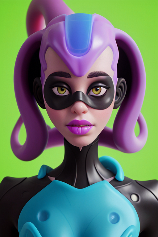 Stylized female superhero character with light purple hair, a black mask, and a high-tech outfit with turquoise accents, set against a bright green background