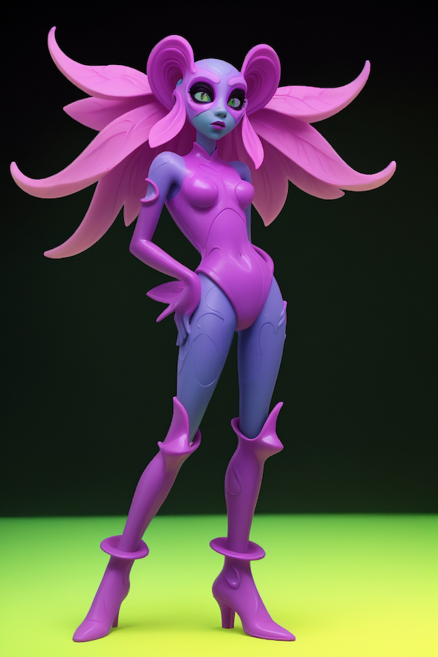 Stylized alien character with large pink wings, light purple and blue body armor, and high-heeled boots, set against a dark gradient background